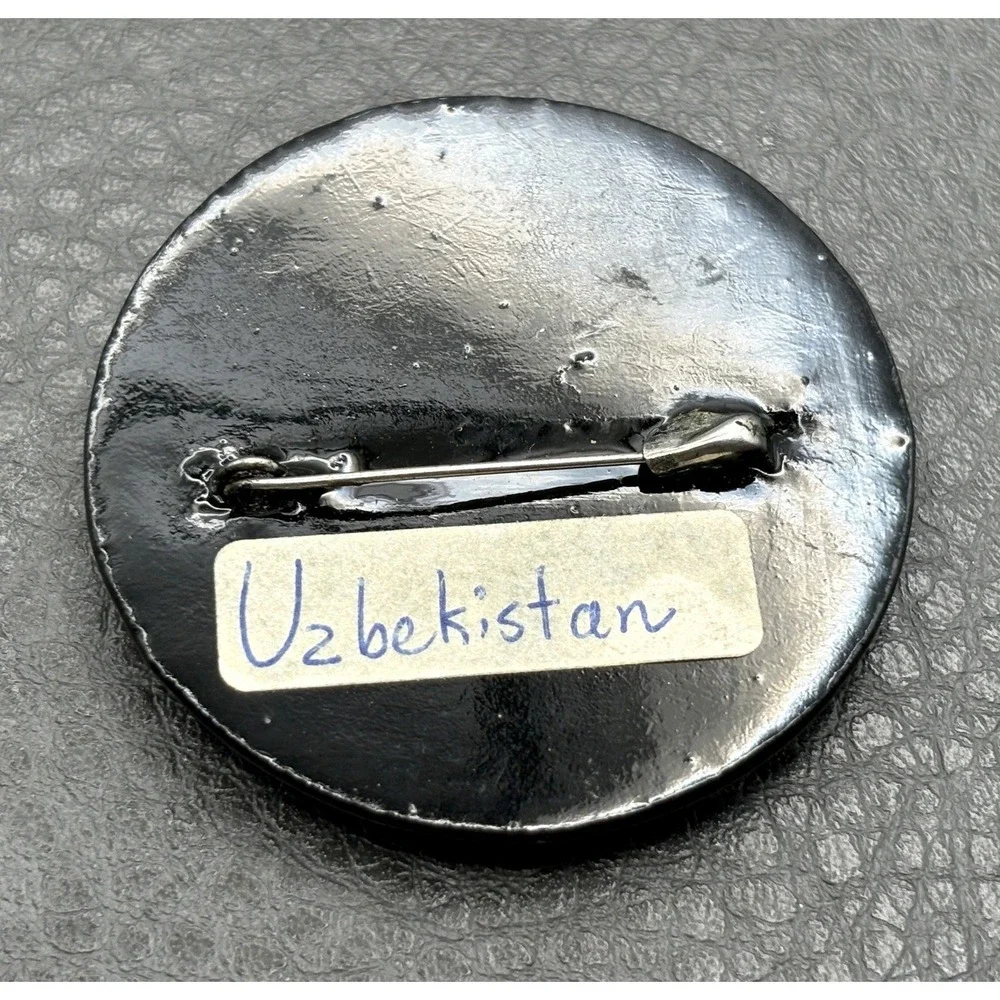 Vintage Uzbekistan Hand Painted Lacquer Floral Brooch Pin Black Gold Red Yellow